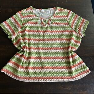 Alfred Dunner Coral, Green & White Crochet-Style Short Sleeve Top